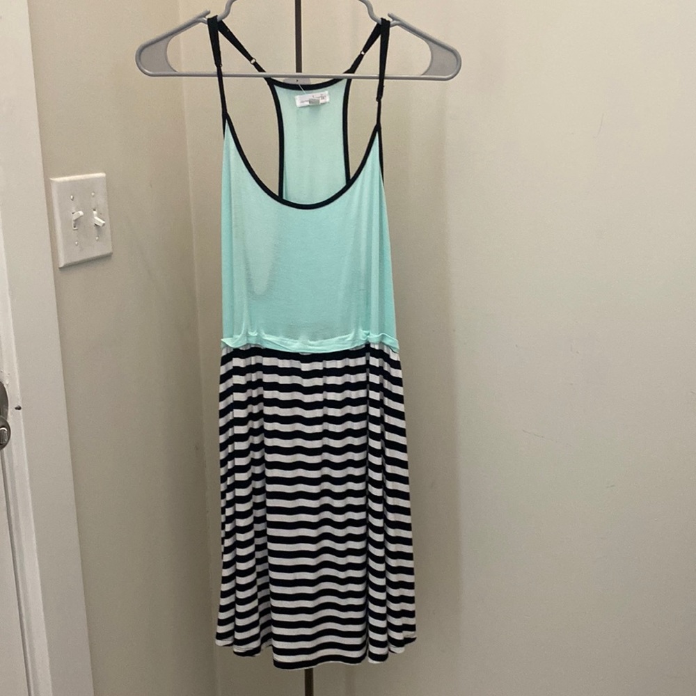 Charming Charlie Mint Aqua Striped adjT Back Racerback Short Dress Womens Large